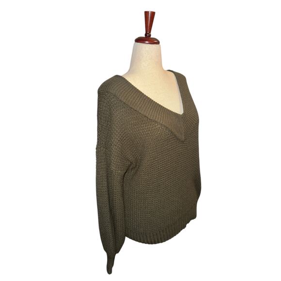 Xenana oversized green deep v off shoulder waffle knit sweater sz‎ xs fits large - Picture 2 of 7